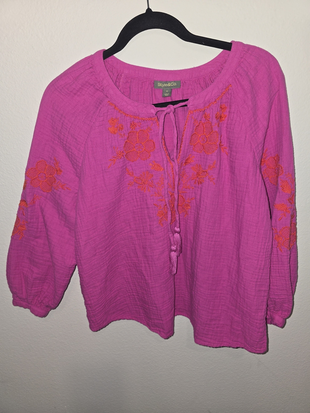 Style & Co. Hot Pink Peasant Tunic with Orange Floral Embroidery